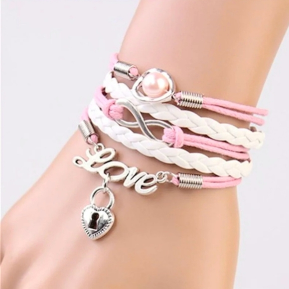 Set Friendship Love Key Lock Infinity Pearl Layer Charm Bracelet Adjustable Pink - Picture 7 of 8